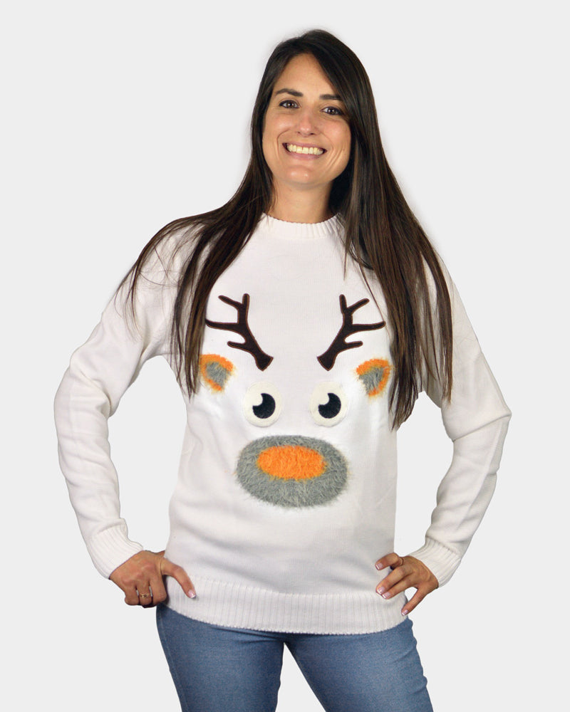 Jersey de Navidad para Familia Blanco con Reno 3D Peludo Mujer