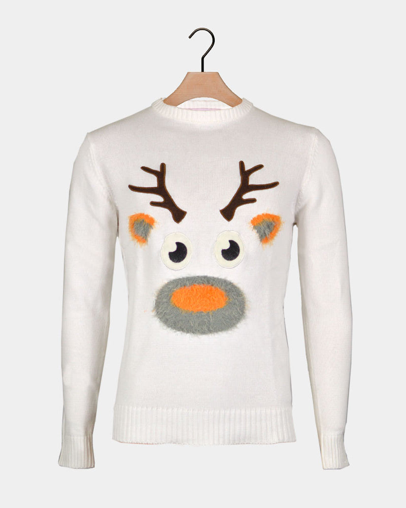Jersey de Navidad para Familia Blanco con Reno 3D Peludo