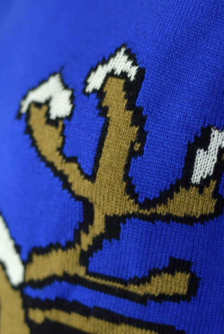 Jersey de Navidad para Familia Reno Sonriente Azul Detalle Cuerno