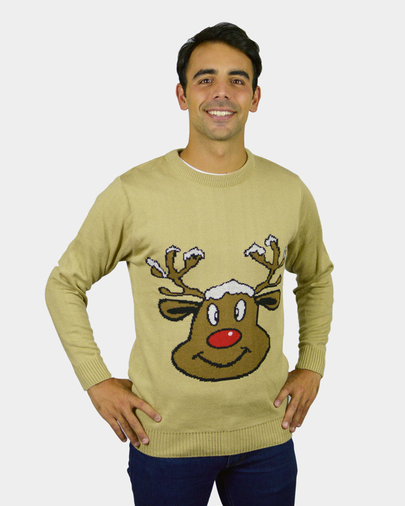 Jersey de Navidad para Familia Reno Sonriente Beige Hombre