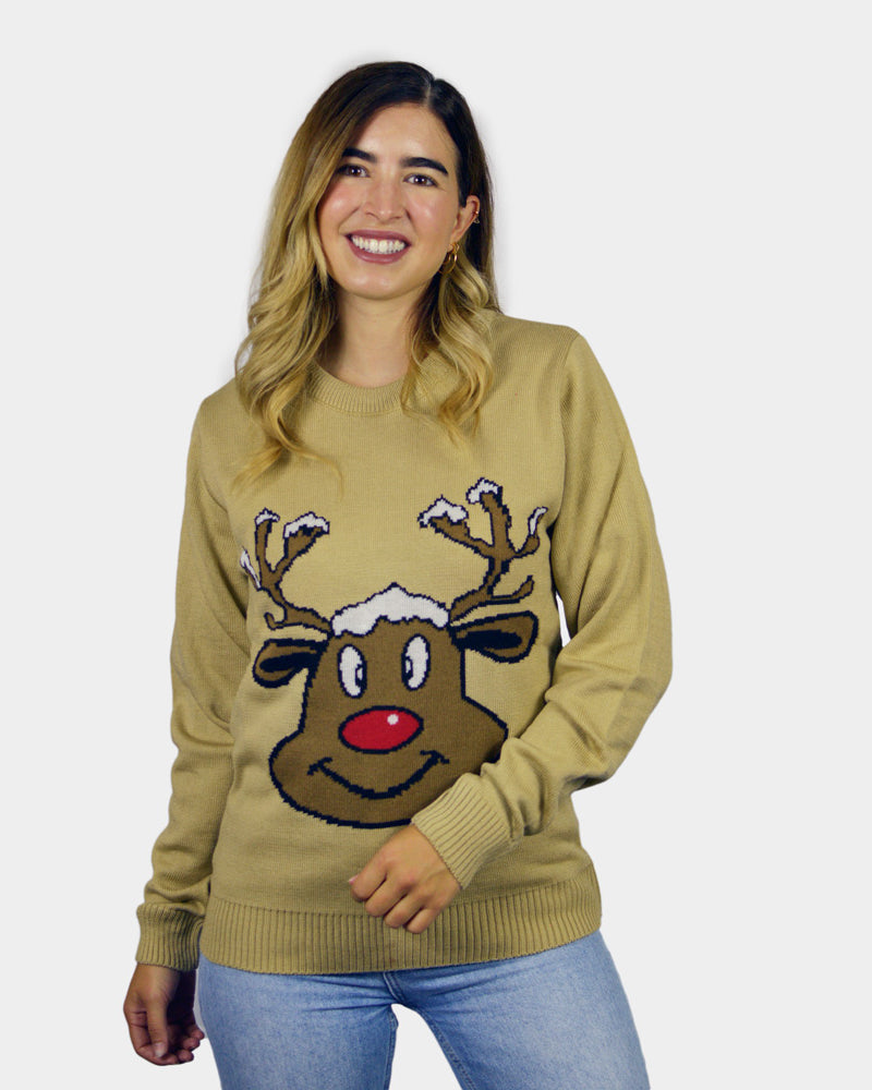 Jersey de Navidad para Familia Reno Sonriente Beige Mujer