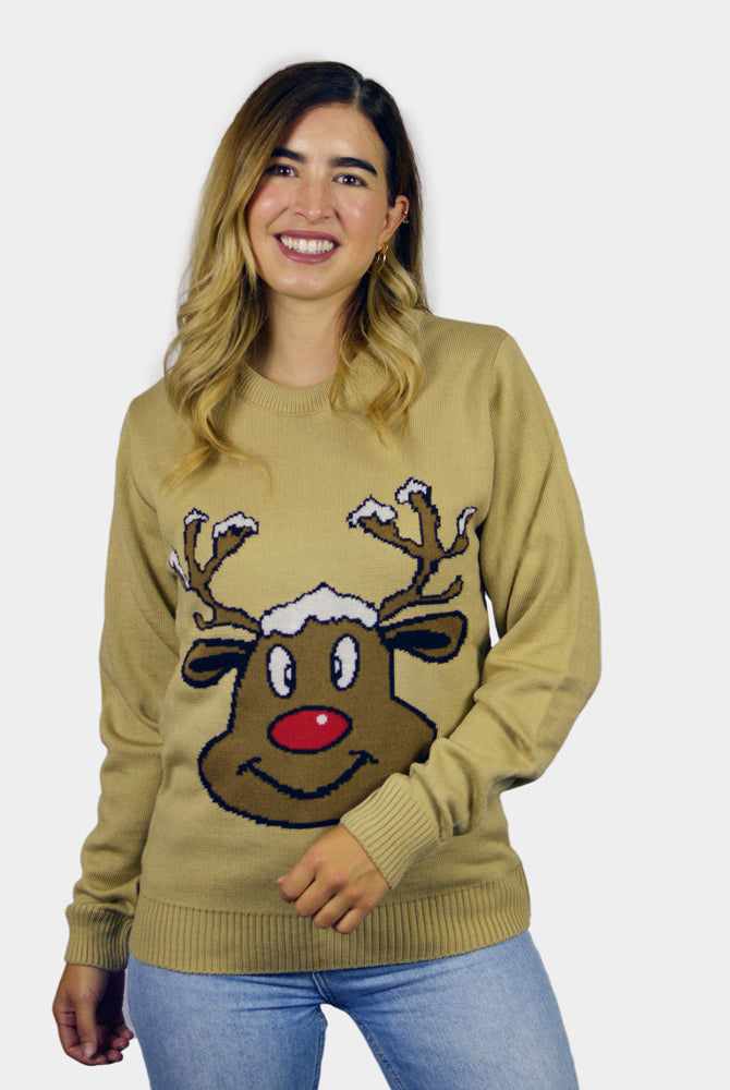 Jersey de Navidad para Familia Reno Sonriente Beige Mujer