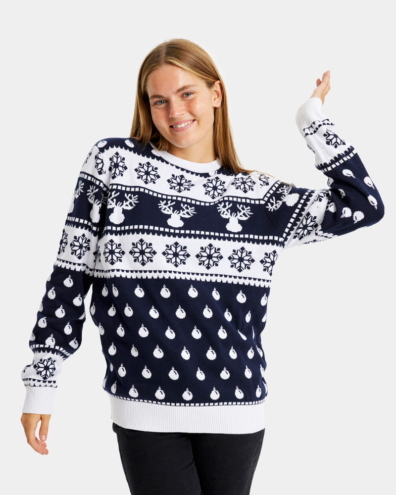 Jersey de Navidad para Familia con Renos y Nieve Azul Mujer