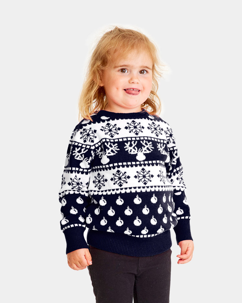 Jersey de Navidad para Familia con Renos y Nieve Azul Niños