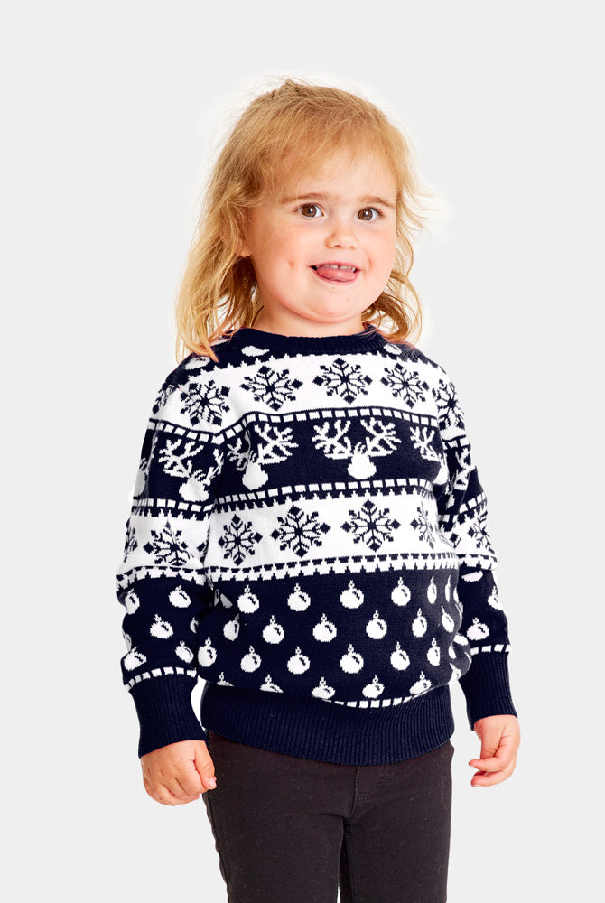 Jersey de Navidad para Familia con Renos y Nieve Azul Niños