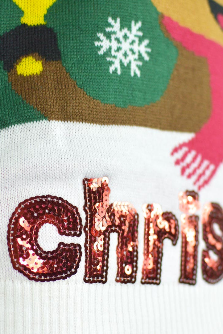 Jersey de Navidad para Familia Verde Holly Jolly Lentejuelas Detalle