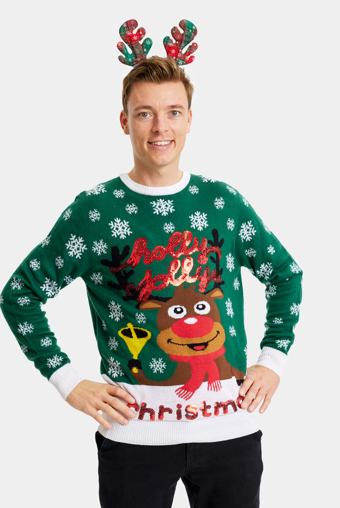 Jersey de Navidad para Familia Verde Holly Jolly Lentejuelas hombre