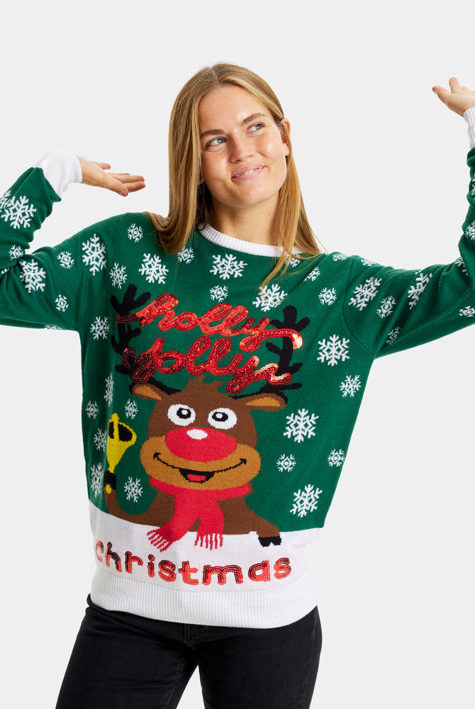 Jersey de Navidad para Familia Verde Holly Jolly Lentejuelas mujer