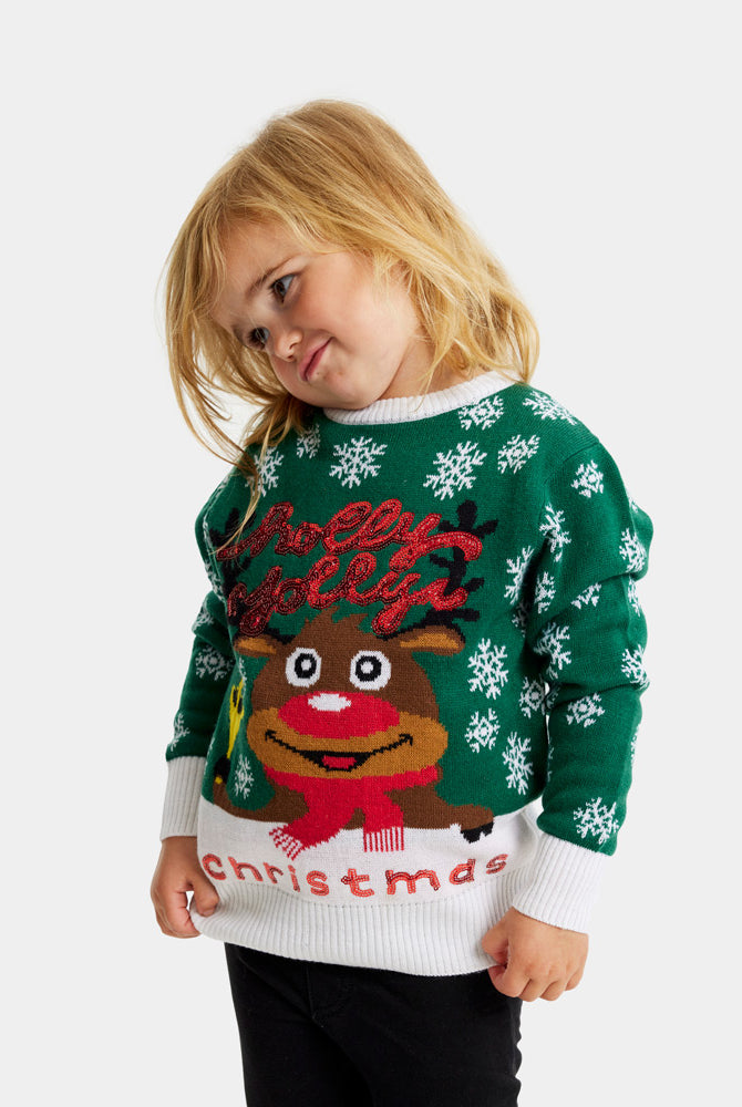 Jersey de Navidad para Familia Verde Holly Jolly Lentejuelas Niños