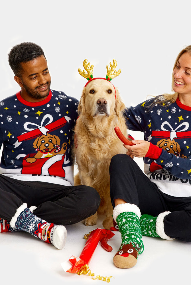 Jersey de Navidad para Hombre Feliz Navidog pareja con perro