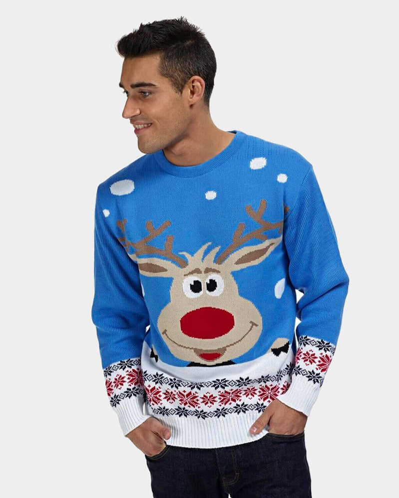 Jersey de Navidad para Hombre Azul Claro con Reno y Nieve