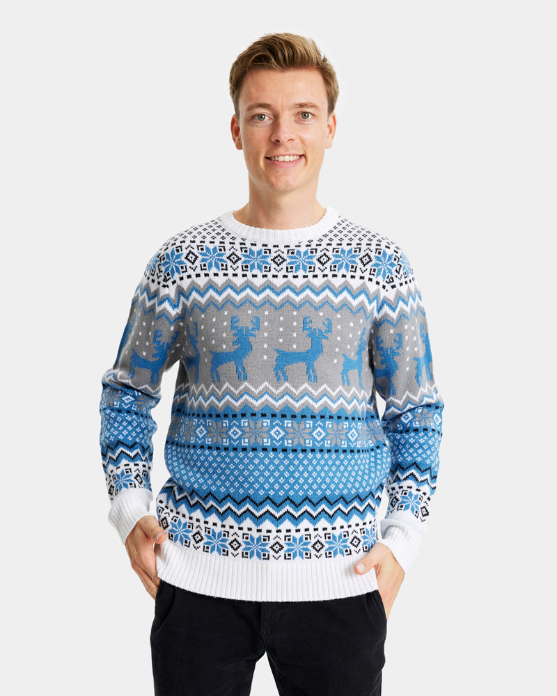 Jersey de Navidad para Hombre Blanco, Gris y Azul con Renos Elegante Hombre