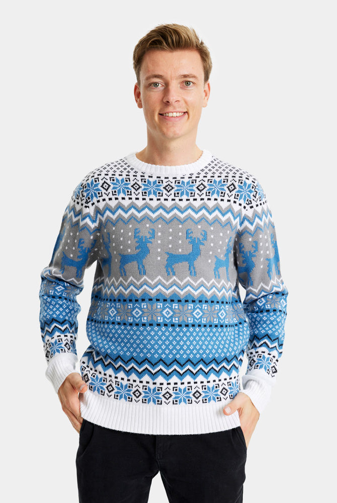 Jersey de Navidad para Hombre Blanco, Gris y Azul con Renos Elegante Hombre
