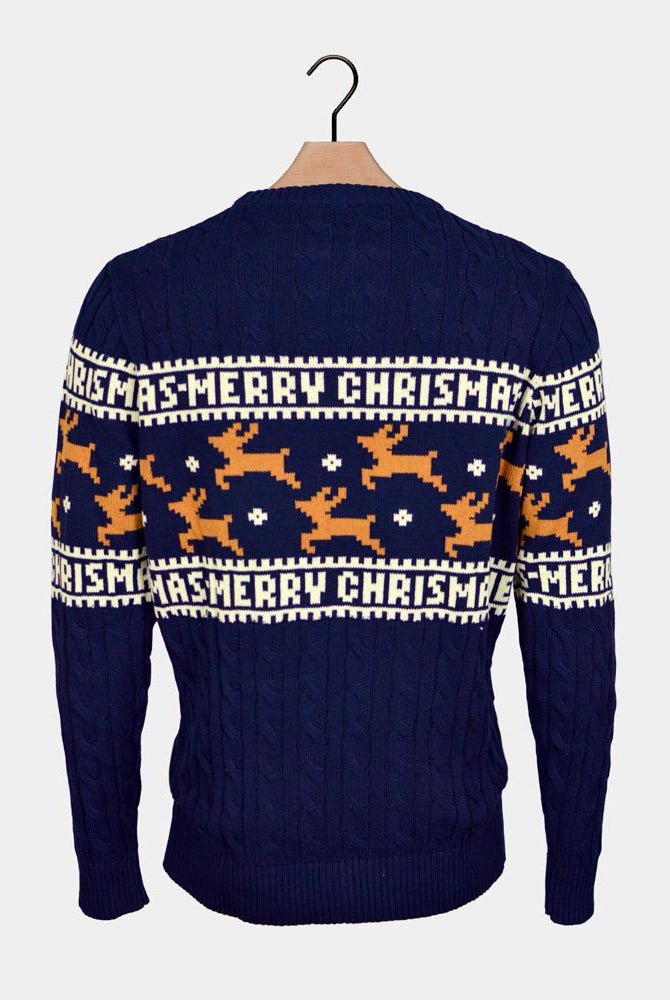 Jersey de Navidad para Hombre Elegante Azul con Renos Espalda