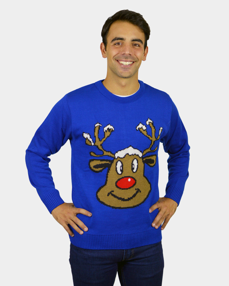 Jersey de Navidad Hombre Reno Sonriente Azul