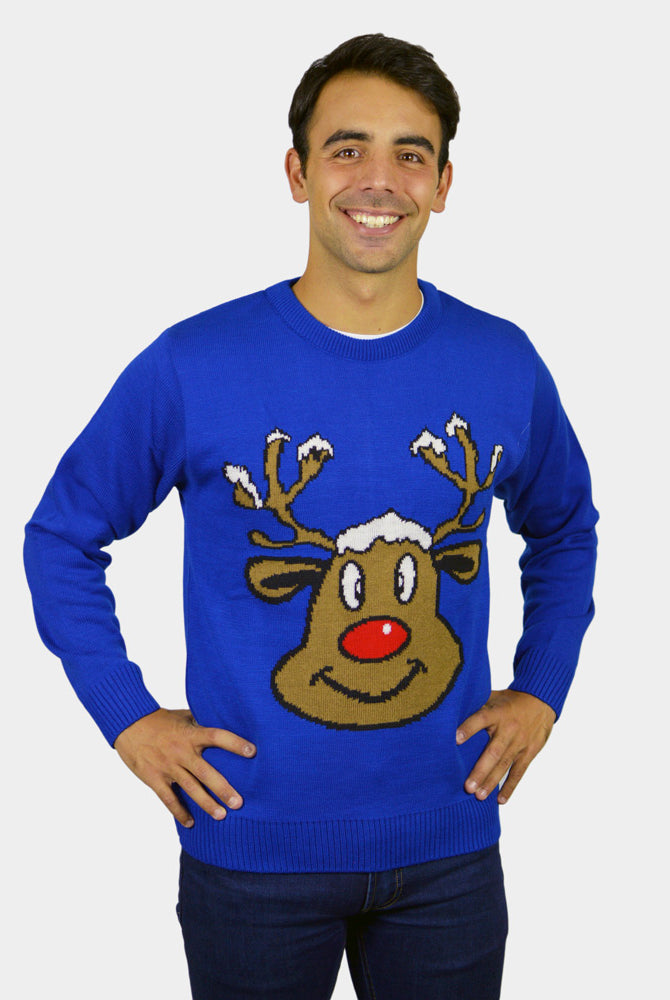 Jersey de Navidad Hombre Reno Sonriente Azul