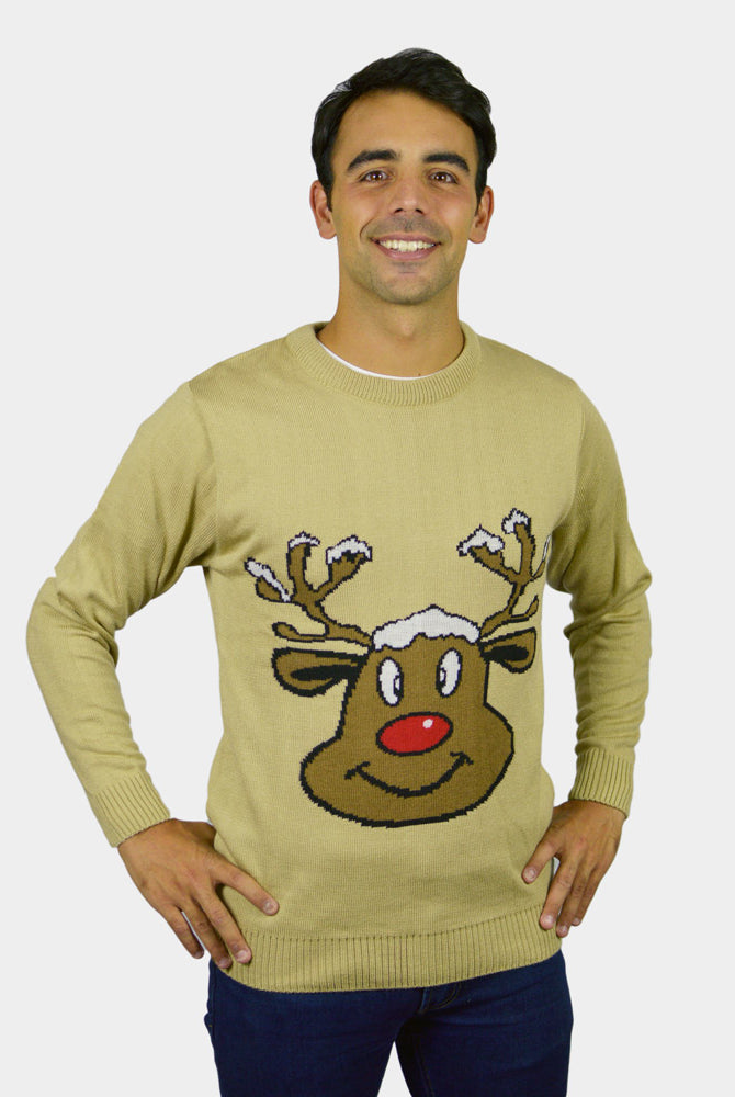 Jersey de Navidad Hombre Reno Sonriente Beige