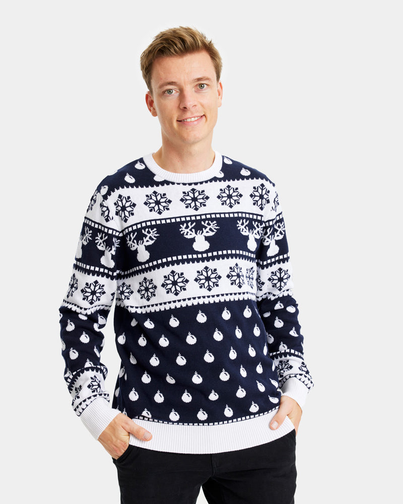 Jersey de Navidad Hombre con Renos y Nieve Azul