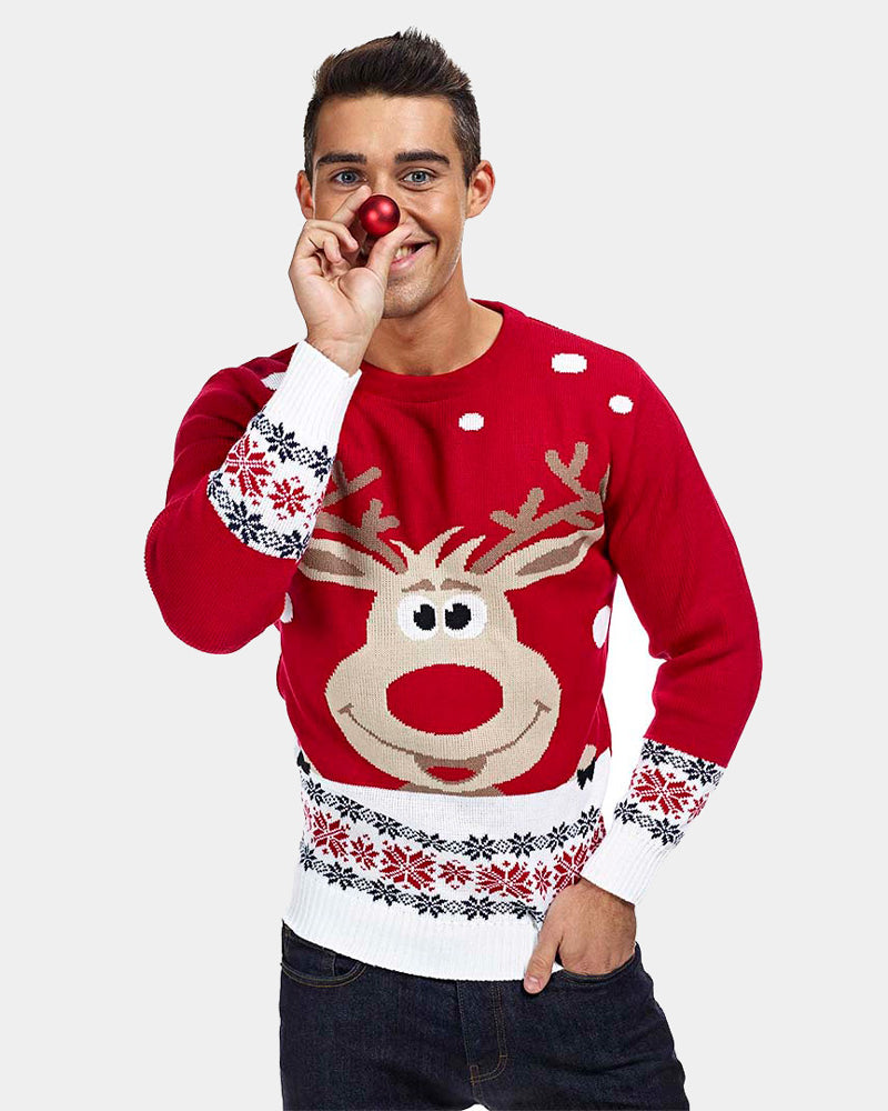 Jersey de Navidad Hombre Rojo con Reno y Nieve