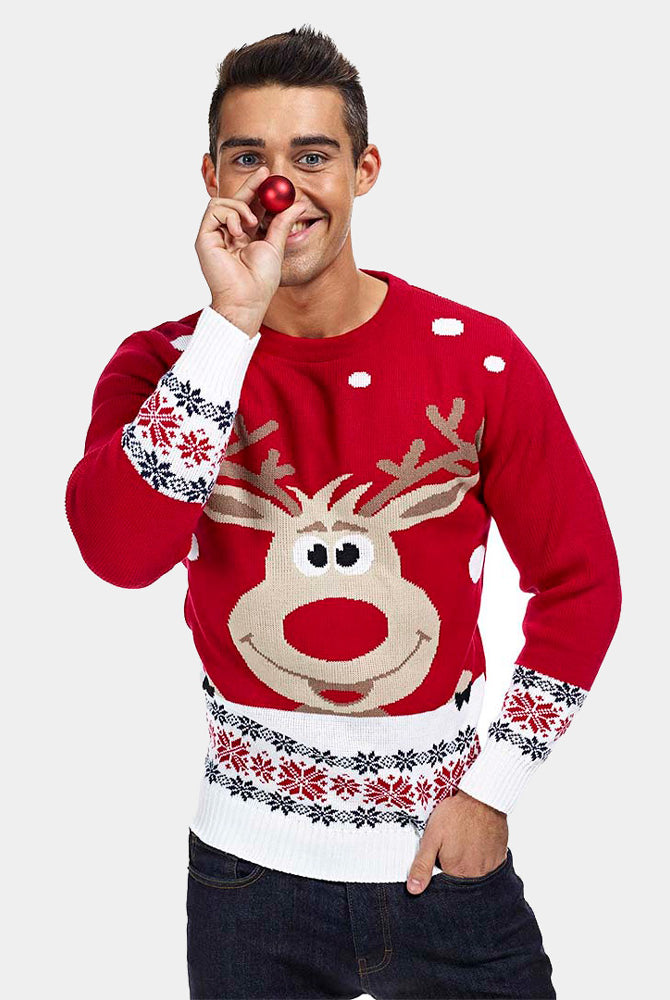 Jersey de Navidad Hombre Rojo con Reno y Nieve