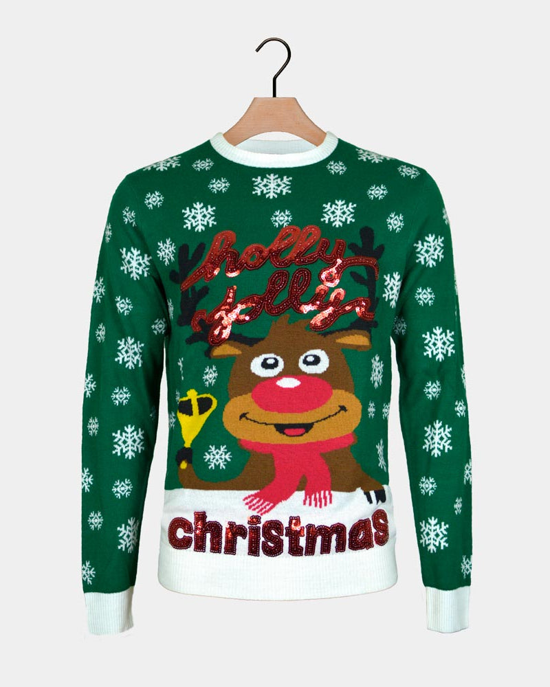 Jersey de Navidad para Hombre Verde Holly Jolly Lentejuelas