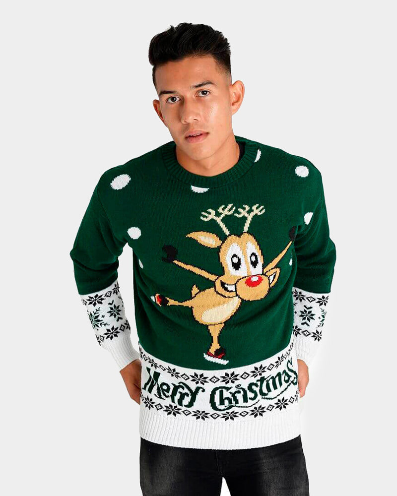Jersey de Navidad para Hombre Verde con Reno Patinando