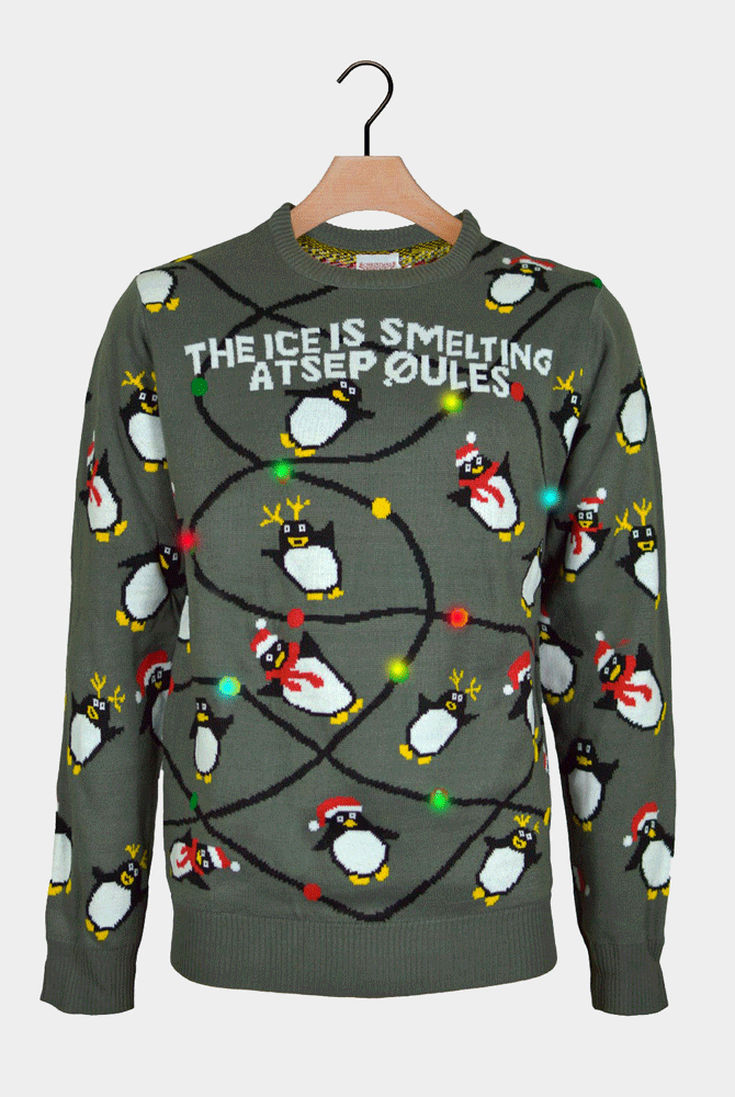 Jersey de Navidad con Luces LED para Hombre Gris con Pingüinos