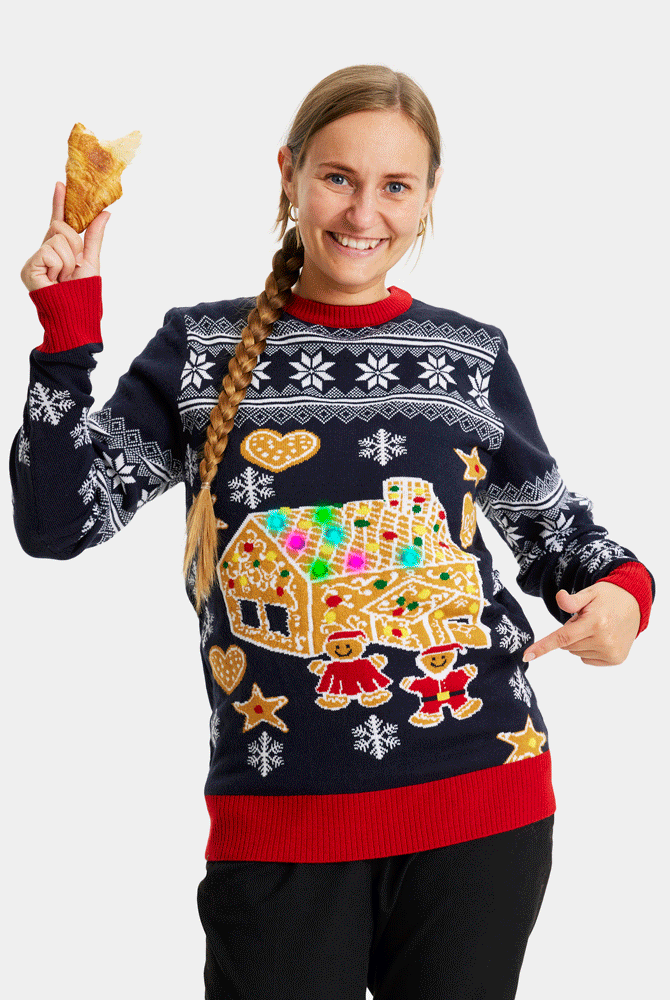 Jersey de Navidad con Luces LED Parejas Casa Gingerbread Mujer