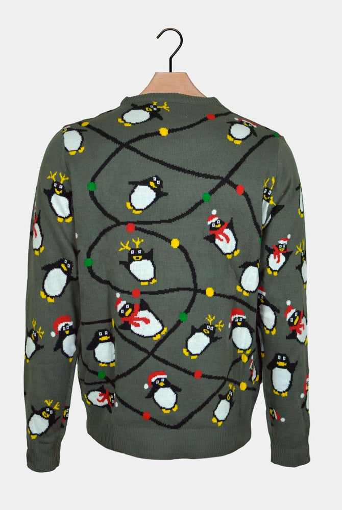 Jersey de Navidad con Luces LED Parejas Gris con Pingüinos Espalda
