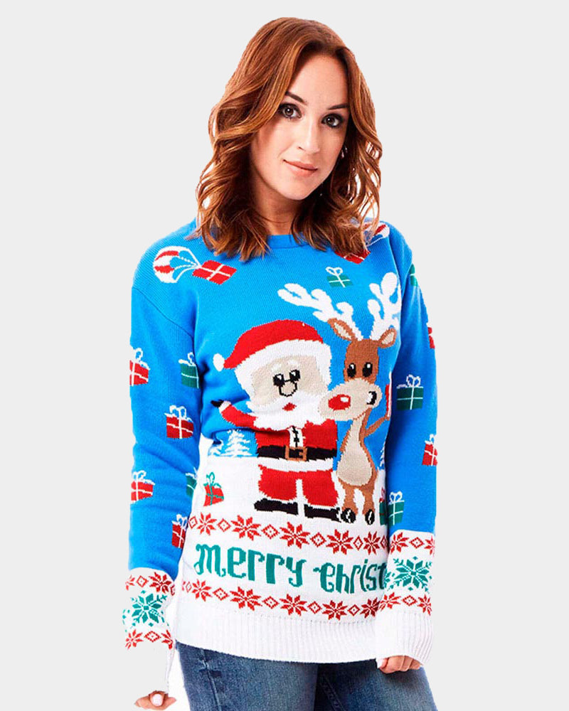 Jersey de Navidad Mujer Azul Claro Reno y Papá Noel
