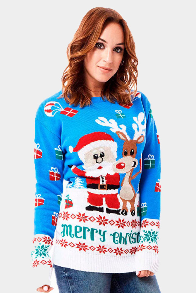 Jersey de Navidad Mujer Azul Claro Reno y Papá Noel