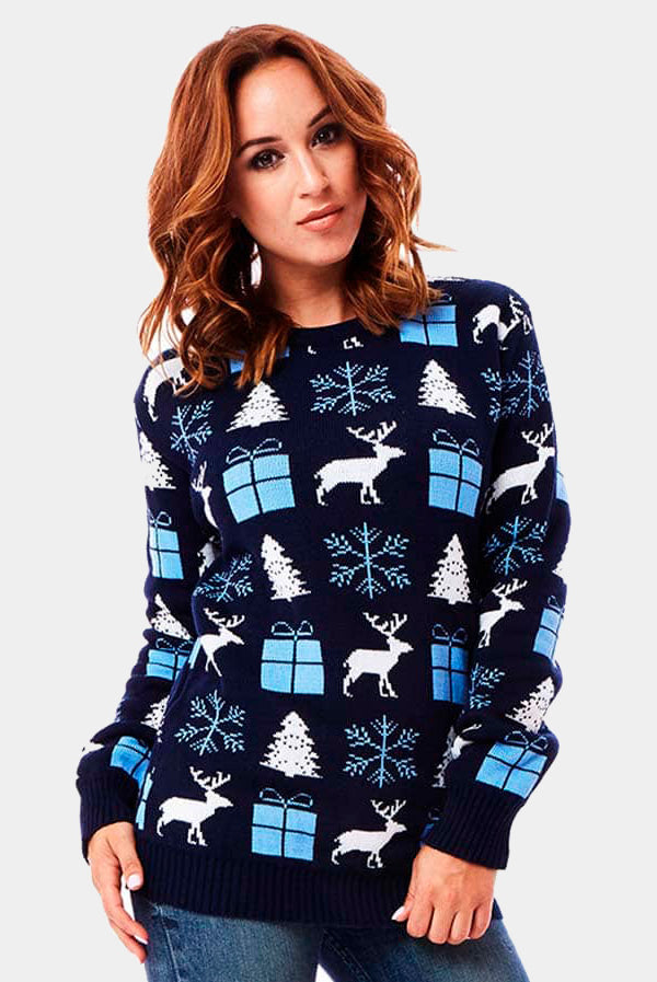 Jersey de Navidad para Mujer Azul con Renos, Regalos y Pinos