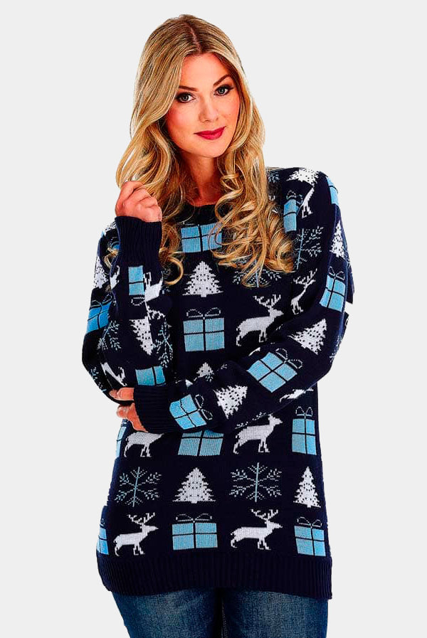 Jersey de Navidad para Mujer Azul con Renos, Regalos y Pinos