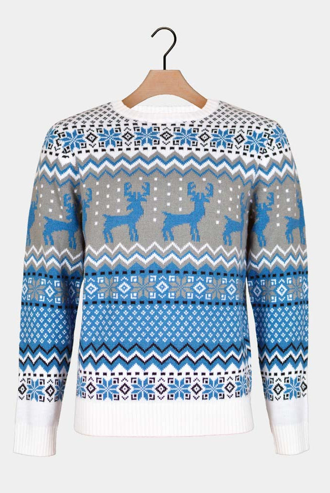 Jersey de Navidad para Mujer Blanco, Gris y Azul con Renos Elegante