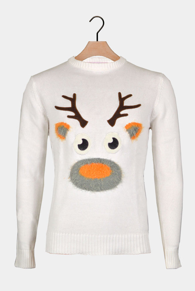 Jersey de Navidad para Mujer Blanco con Reno 3D Peludo