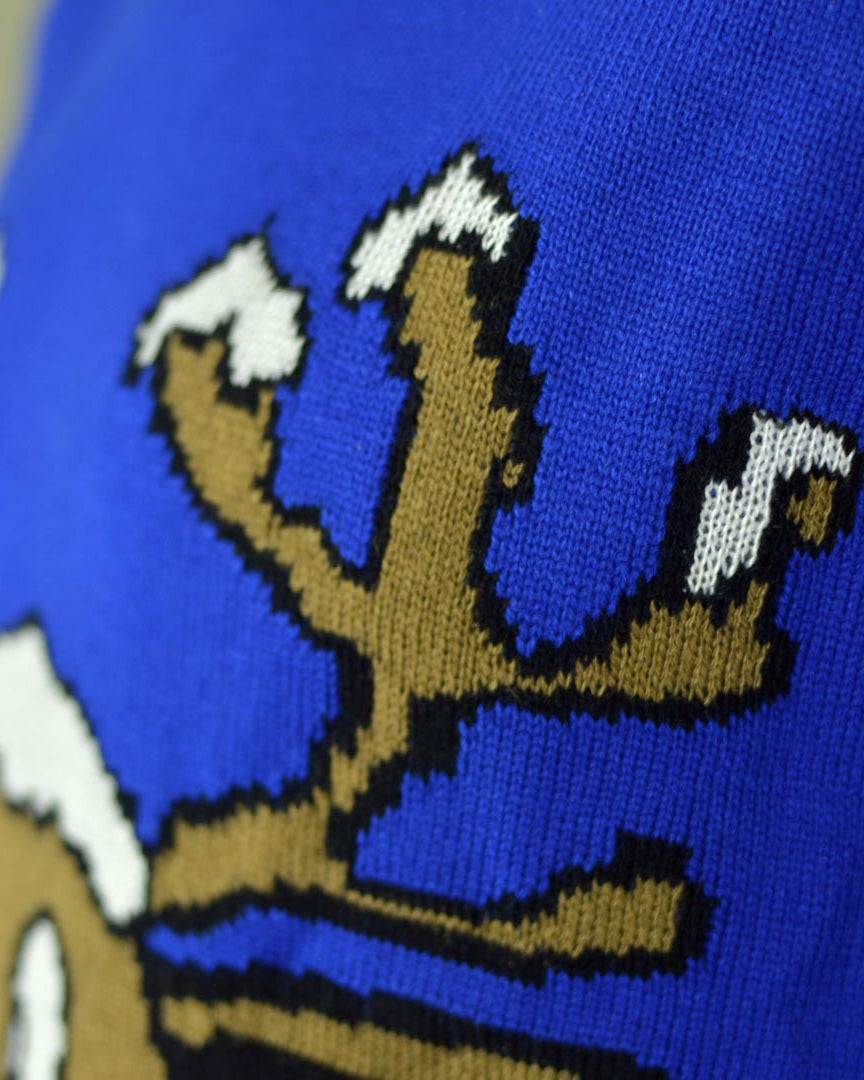 Jersey de Navidad para Mujer Reno Sonriente Azul Detalle Cuerno