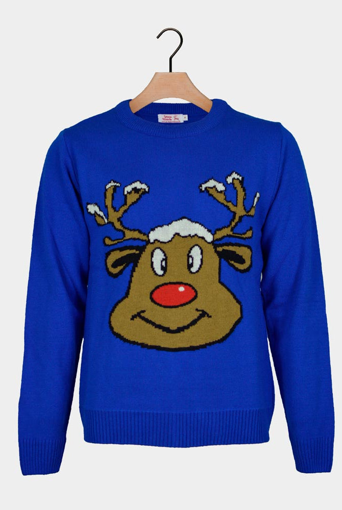 Jersey de Navidad para Mujer Reno Sonriente Azul