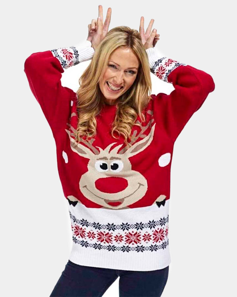 Jersey de Navidad para Mujer Rojo con Reno y Nieve Mujer