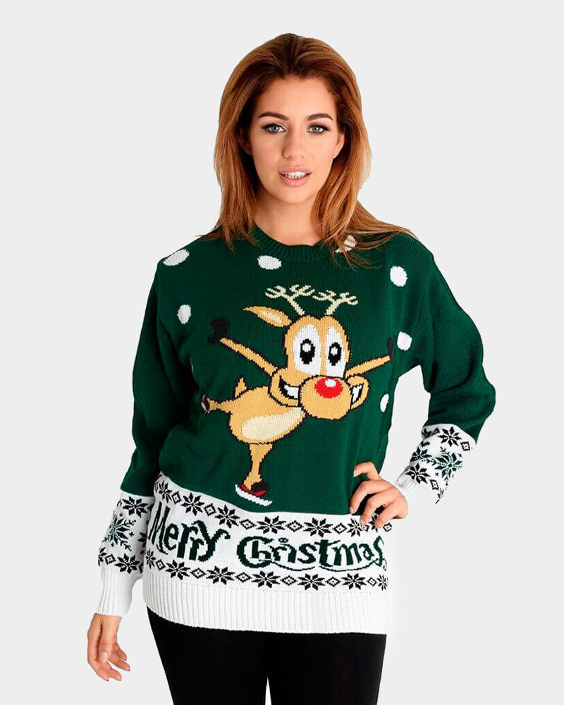 Jersey de Navidad para Mujer Verde con Reno Patinando