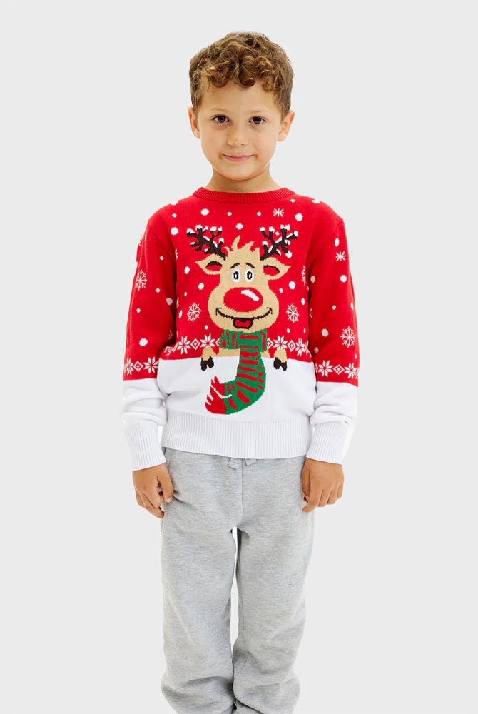 Jersey de Navidad Niña y Niño Reno con Bufanda Algodón Orgánico Pareja