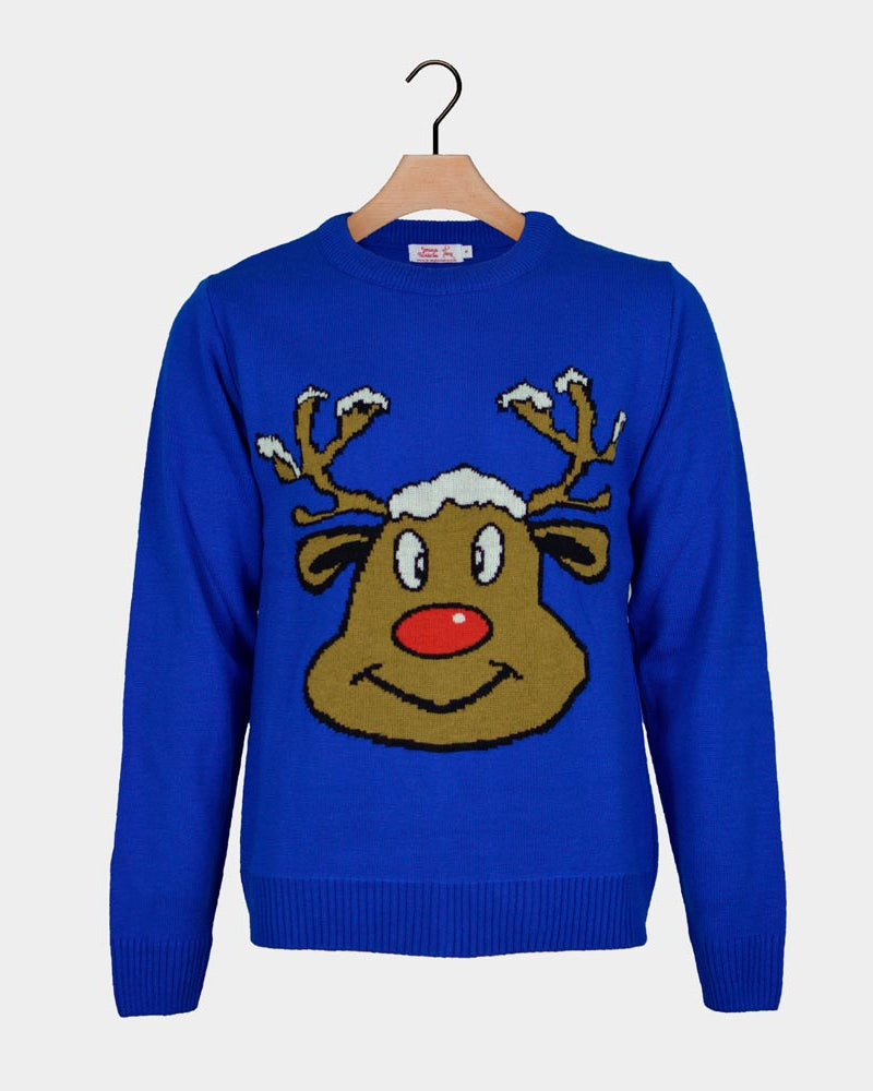 Jersey de Navidad para Niña y Niño Reno Sonriente Azul