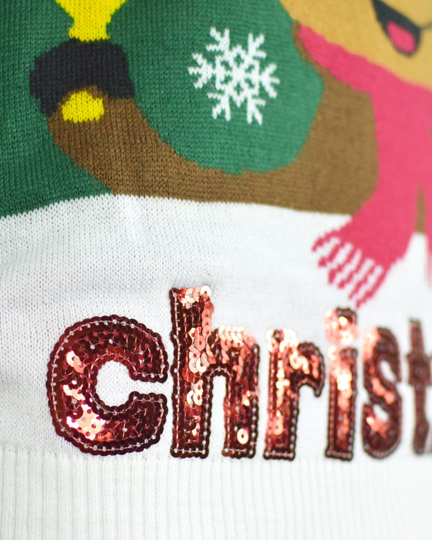 Jersey de Navidad para Niña y Niño Verde Holly Jolly Lentejuelas Detalle