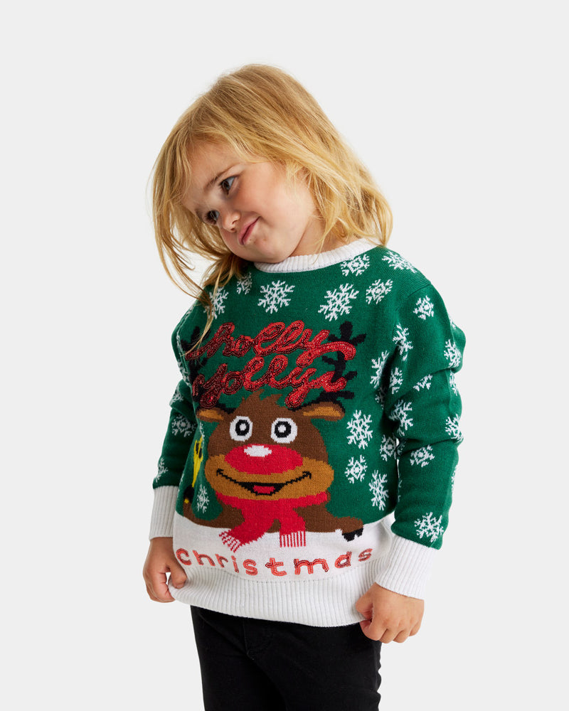 Jersey de Navidad para Niña Verde Holly Jolly Lentejuelas