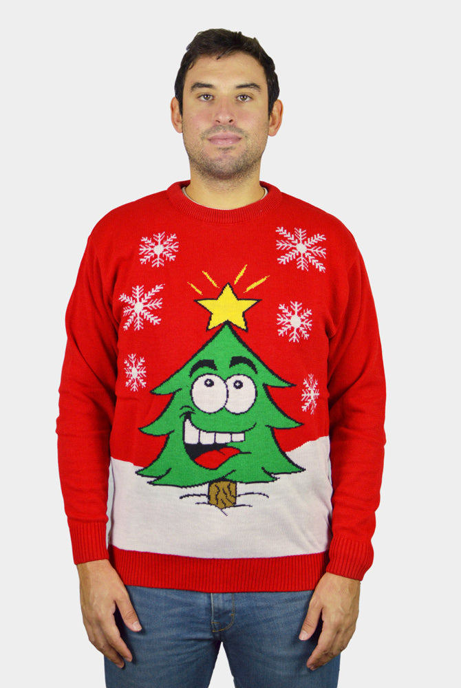 Jersey de Navidad para Familia Árbol de Navidad Sonriente Rojo Hombre