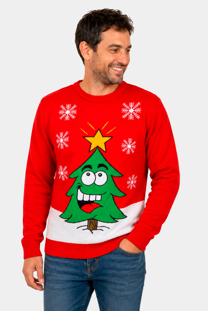 Jersey de Navidad para Familia Árbol de Navidad Sonriente Rojo Hombre