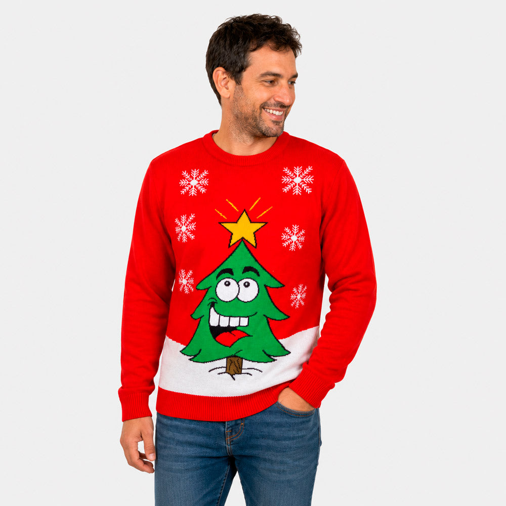 Jersey de Navidad para Familia Árbol de Navidad Sonriente Rojo Hombre