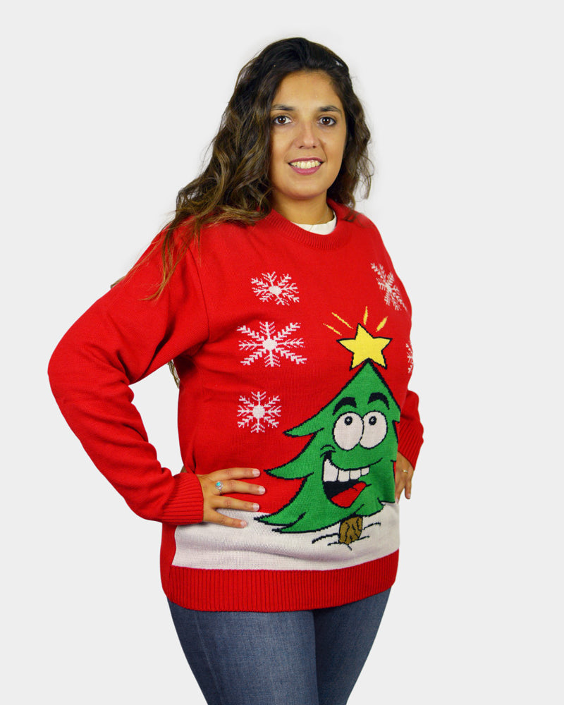 Jersey de Navidad para Familia Árbol de Navidad Sonriente Rojo Mujer