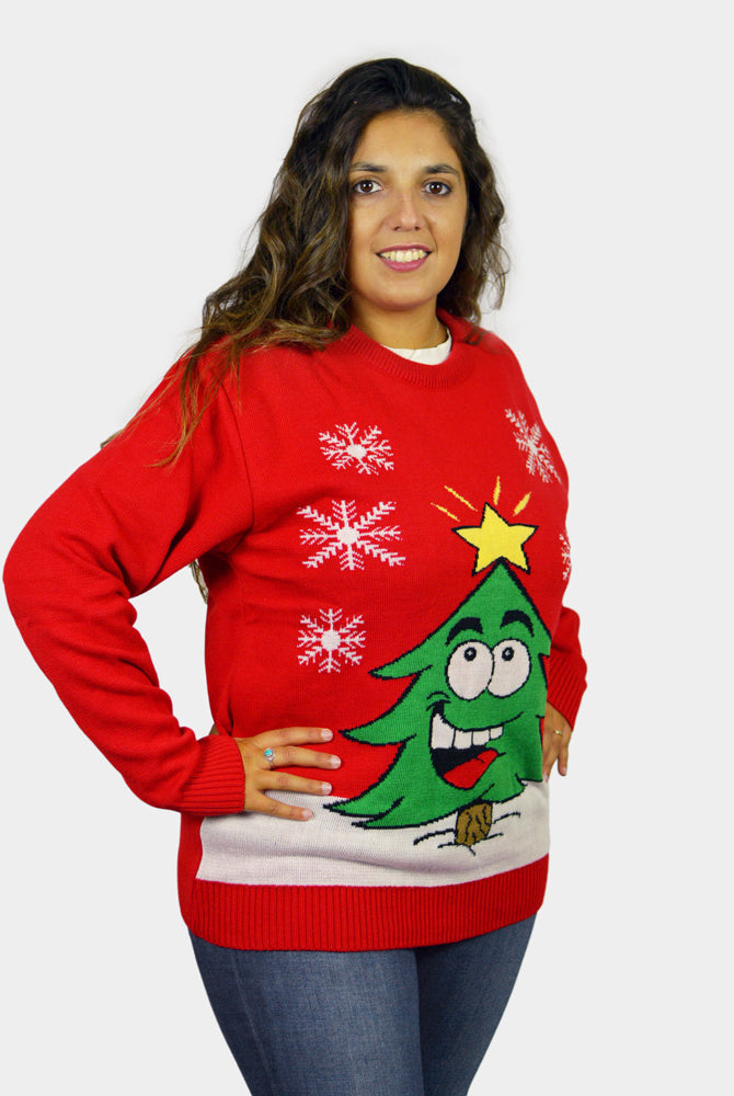 Jersey de Navidad para Familia Árbol de Navidad Sonriente Rojo Mujer