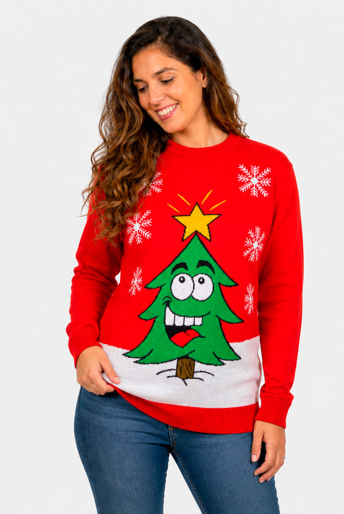 Jersey de Navidad para Familia Árbol de Navidad Sonriente Rojo Mujer