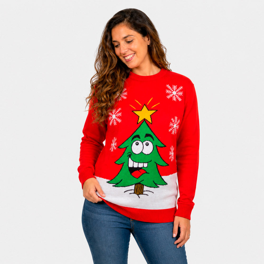 Jersey de Navidad para Familia Árbol de Navidad Sonriente Rojo Mujer